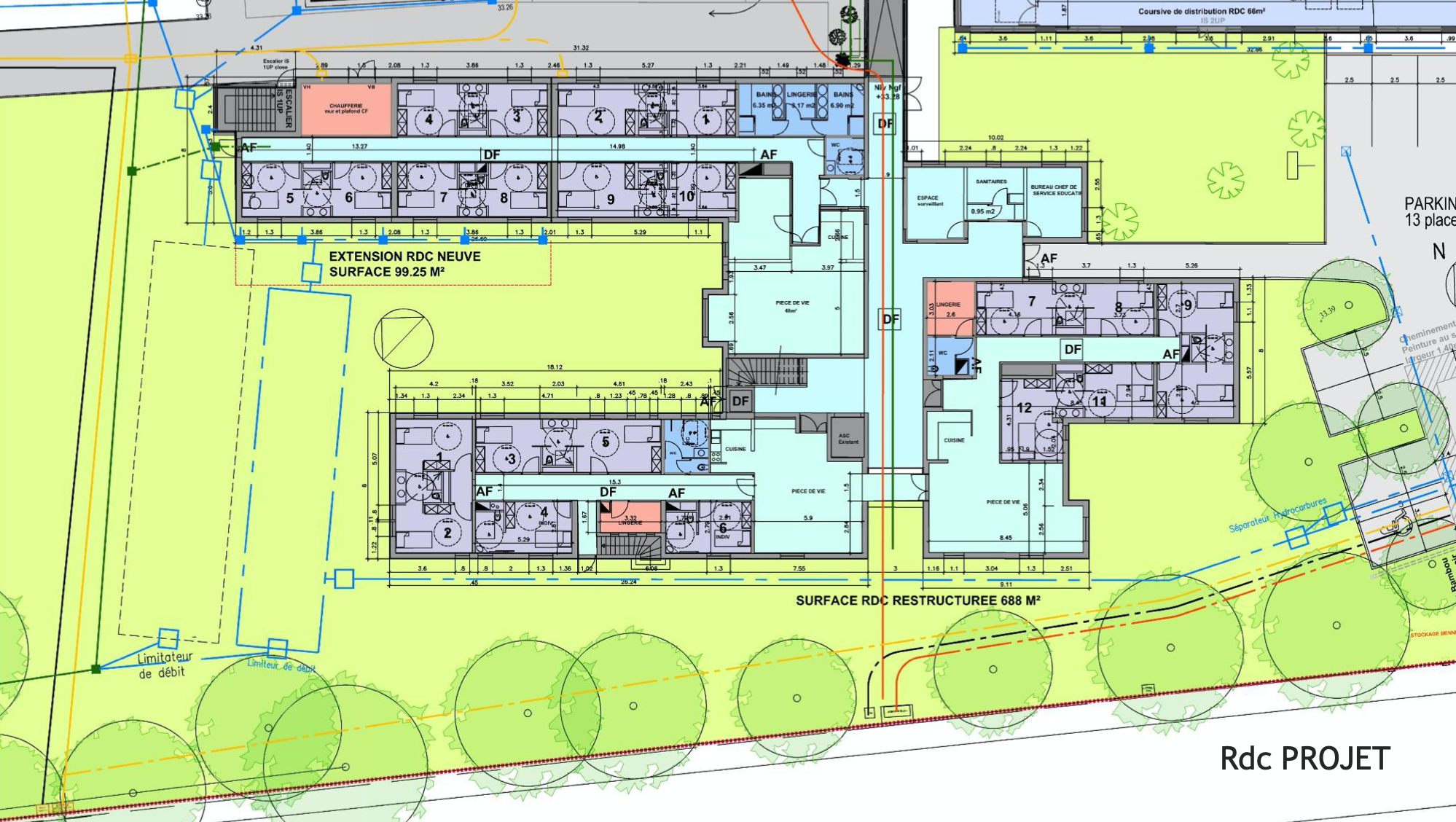 Rez-de-chaussée : 688 m2 restructurés + extension 99,25 m2… soit 787,25 m2